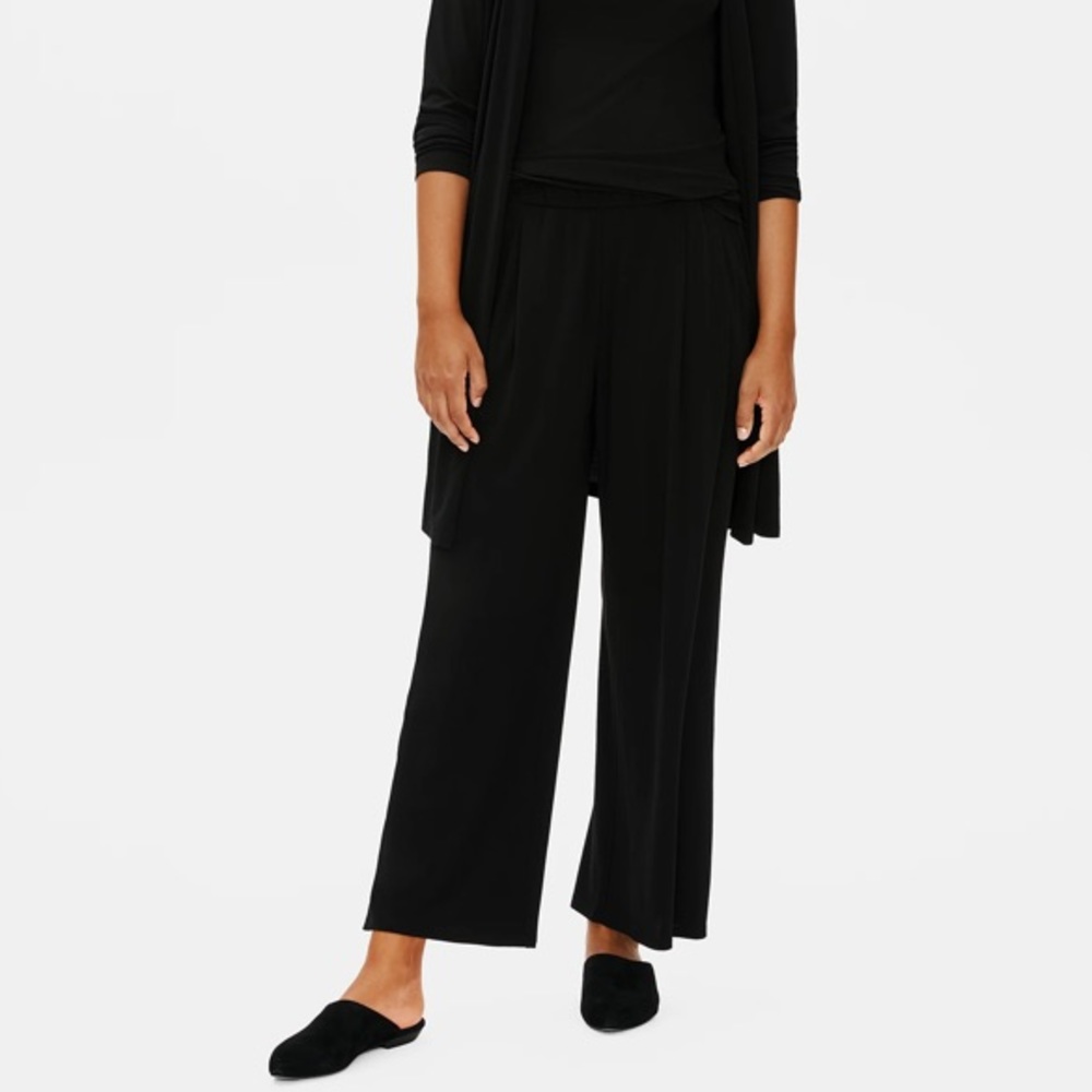 Eileen Fisher Wide Leg Ankle Pants Black Size Large Stretch Silk Jersey Pull On